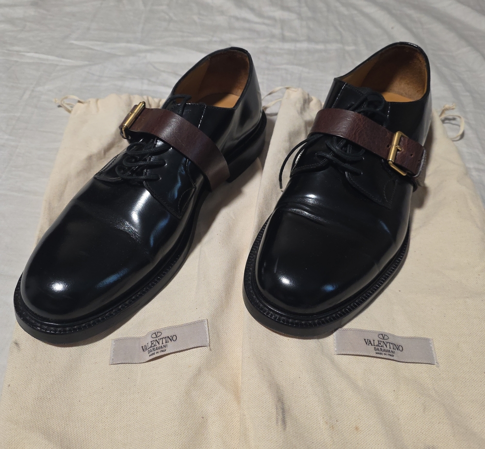 Valentino Black Leather Oxfords with Brown Strap and Gold Buckle